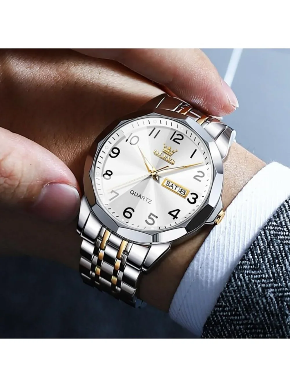 Men's Silver Gold Analog Simple Business Stainless Waterproof Luminous Watch